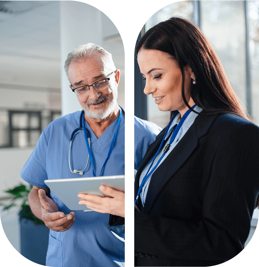 A doctor and a businesswoman discuss something on a tablet in a modern office setting.