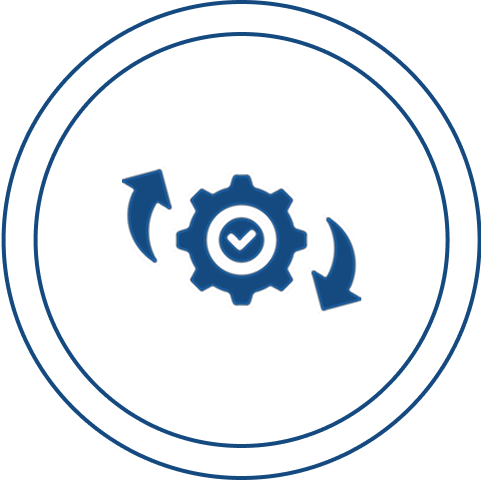 A gear with a check mark inside, flanked by two curved arrows, is centered within two concentric circles on a black background.